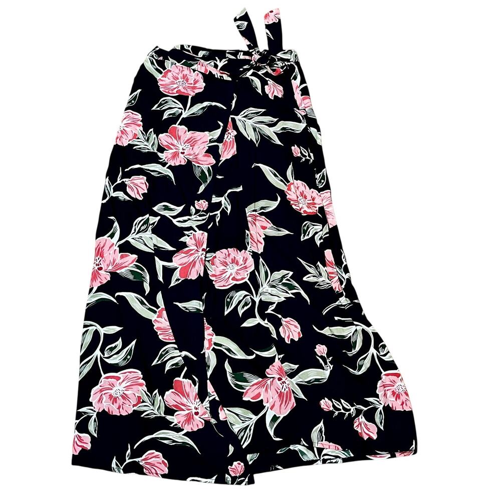 Tropical Floral Maxi Skirt Women's Medium Faux Wrap Navy Blue Pink Luau Japna